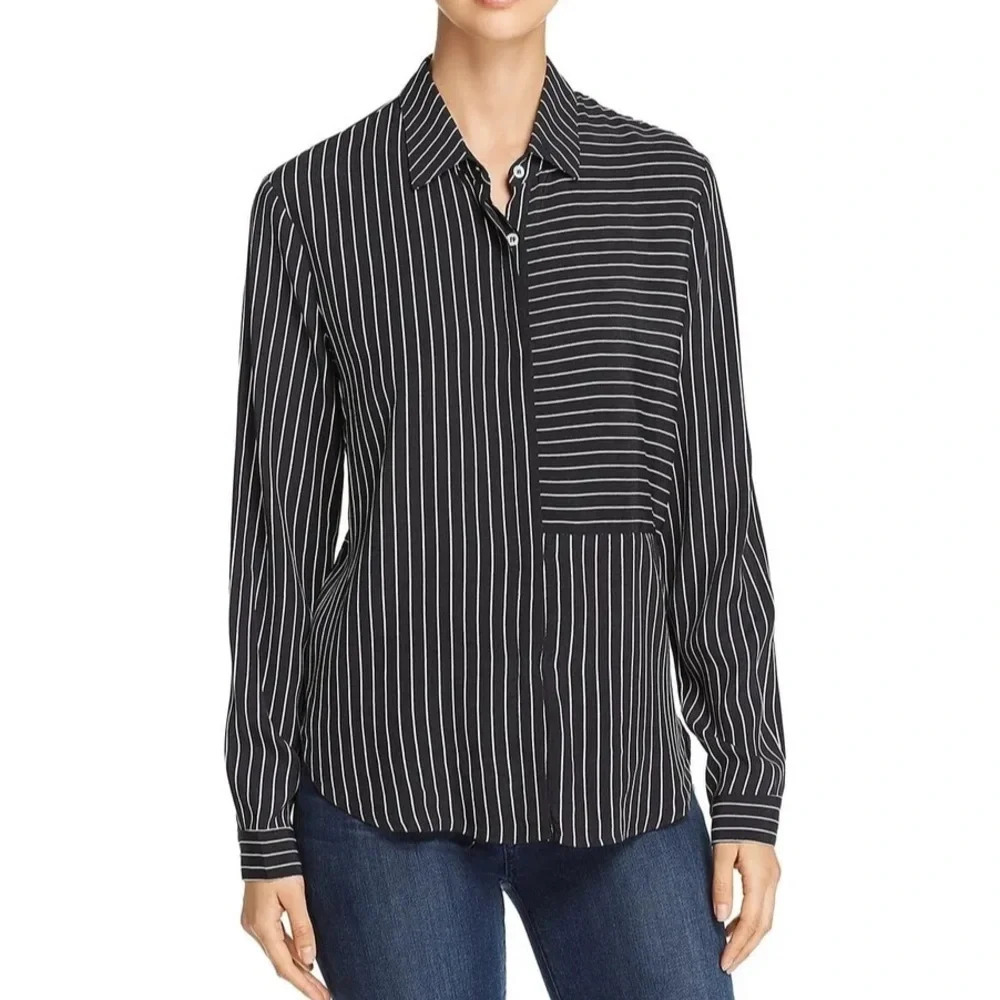 Three Dots‎ Black White Striped Long Sleeve Button Up Tunic Top